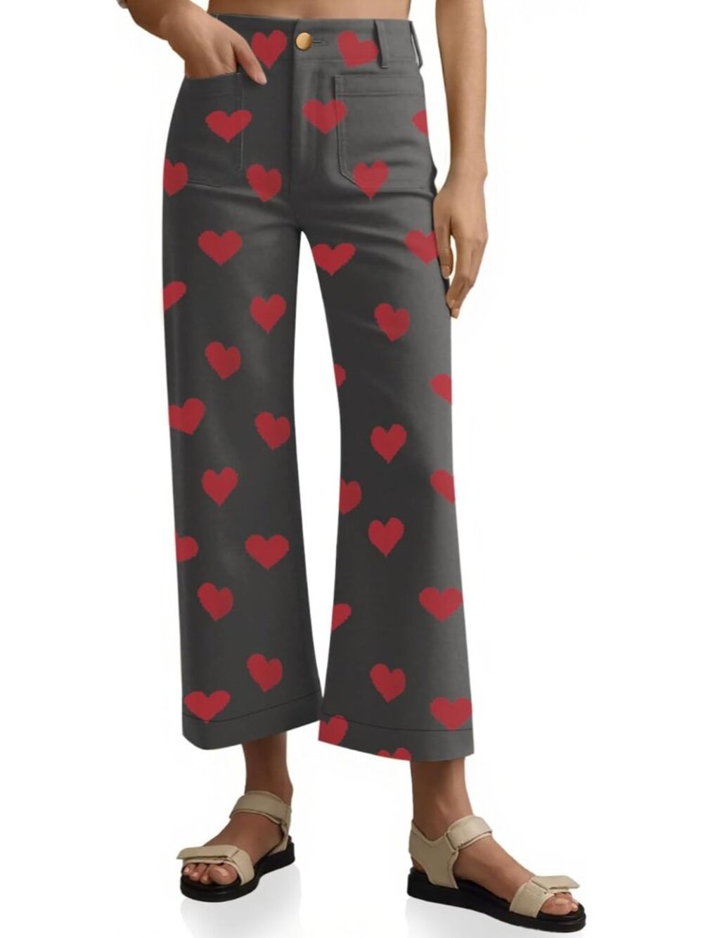Women's Heart Black Cropped Striped Jeans High Waisted Wide Leg Denim Pants